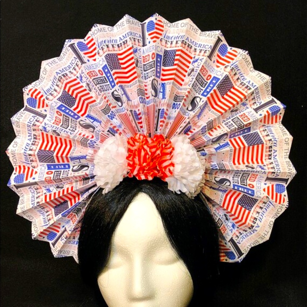 4th of July Decorated Paper Medallion/Fan Crown with White/ Red flowers Headband